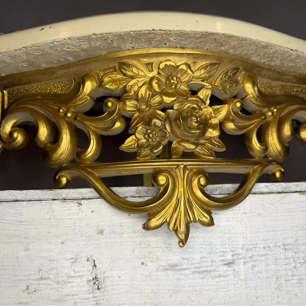 Vtg 1965s Gold Ornate Rose & Marble Wall Shelf Dart Syroco Hollywood Regency MCM